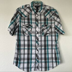 Helix Athletic Fit‎ Button Up Men’s Black White Teal Plaid Shirt Large​​​​